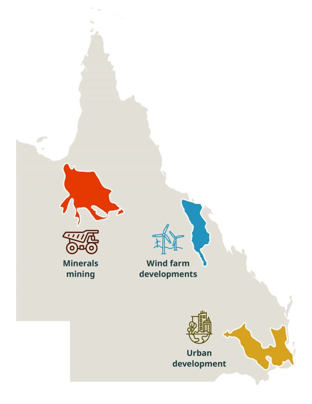 Queensland map showing icons in 3 locations where bioregional guidance planning has been undertaken.
